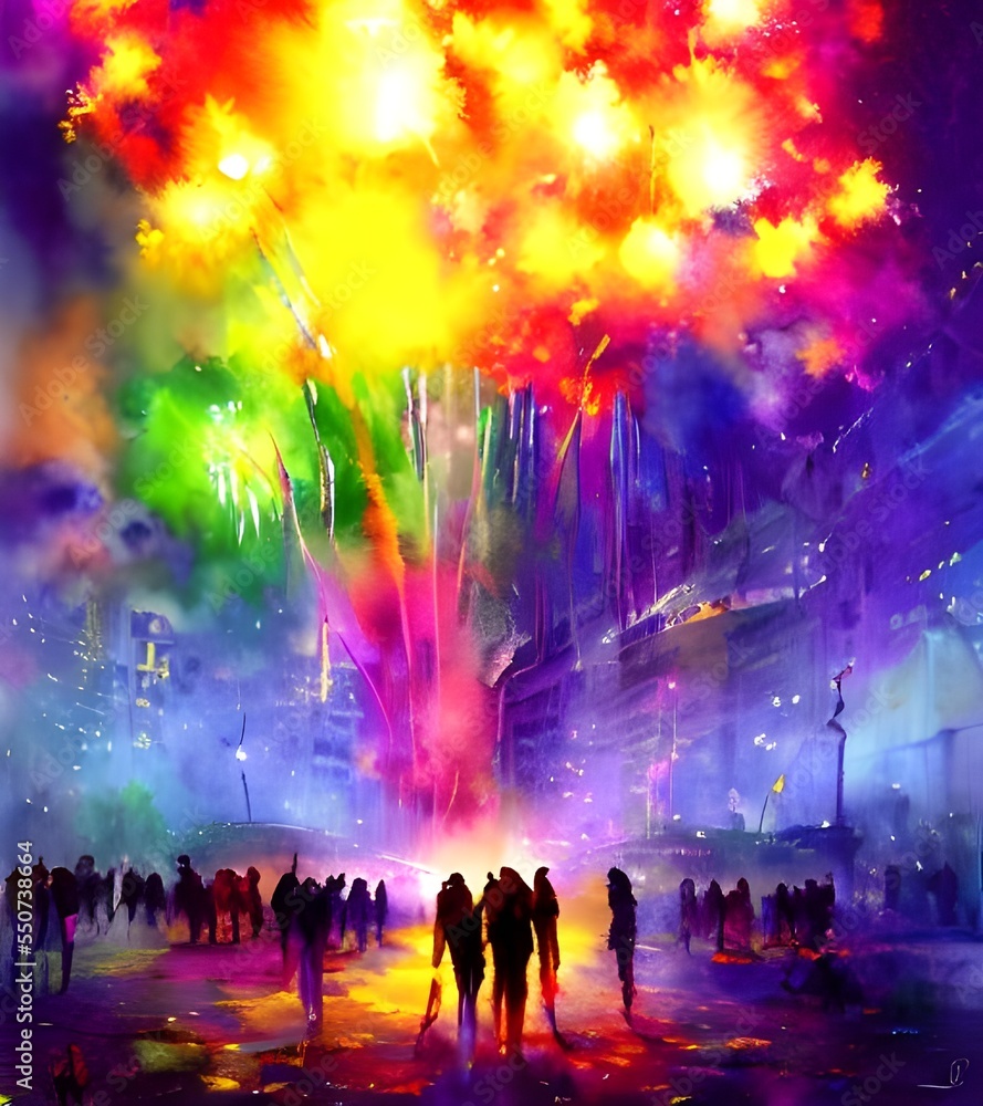 The sky is ablaze with colors as the fireworks explode in a beautiful display. The crowd oohs and aahs at the show, clapping and cheering at the spectacular sight.