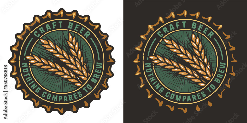 Beer cap with retro barley for brewery or factory. Vector logo or emblem with grains of wheat for pub, bar or beer store, craft print Beer cap with retro barley for brewery or factory. Vector logo or emblem with grains of wheat for pub, bar or beer store, craft print