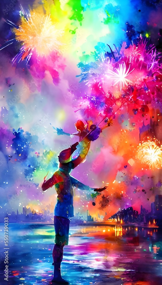 As the clock strikes midnight, colourful fireworks explode in the sky above the city. Crowds of people cheer and clap as they watch the display, which lasts for several minutes.