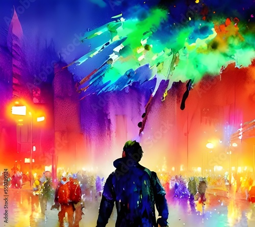 I stand in the cold, my hands shoved deep into my coat pockets. Above me, the sky is a riot of color as fireworks explode and shower down around me. I can hear the cheers of the crowd all around me,