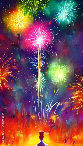 The sky is lit up with vibrant colors as fireworks explode in every direction. It's a beautiful sight to behold, and everyone seems to be enjoying themselves immensely.
