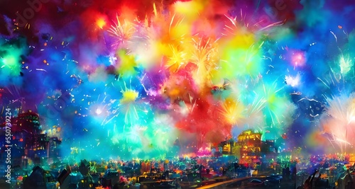 On new years, people all around the world shoot fireworks into the sky to celebrate the occasion. The sky is filled with an array of colors as each firework explodes. People cheer and clap whenever a  photo