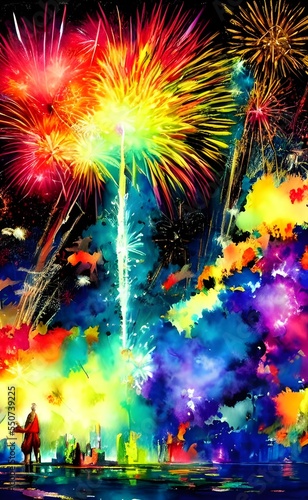 The night sky is ablaze with color as fireworks explode overhead. The air is thick with the smell of gunpowder and smoke. Crowds of people stand below, oohing and aahing at the spectacular display.