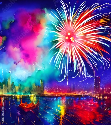 I am watching the new year's fireworks. They are very pretty. I can see red, green, and blue lights in the sky.