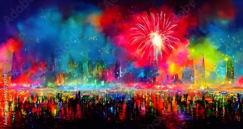 In the picture, there are fireworks going off in the sky. They are different colors and they are beautiful.