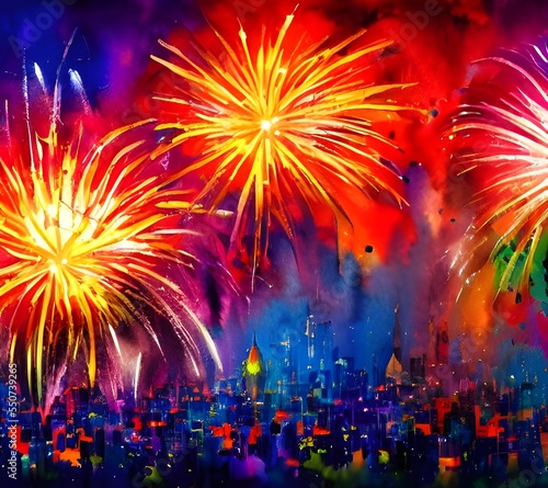 The night sky is lit up with colorful fireworks. They explode in the air and shower down over the city below. People are cheering and celebrating as they ring in the new year.