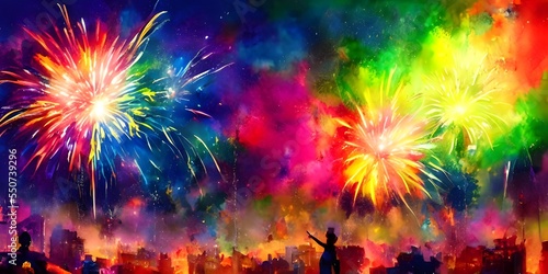 I am watching the fireworks explode in the sky. The colors are so bright and I can hear the people around me cheering.