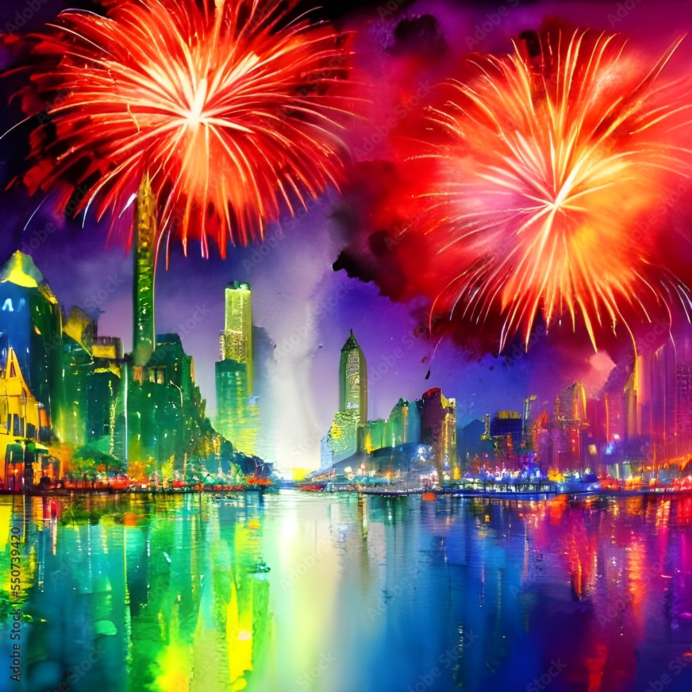 The fireworks display is in full swing and vibrant colors are lighting up the sky. The crowd is oohing and ahhing at the beauty of it all.