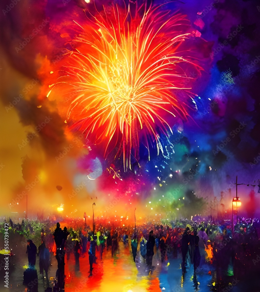 The sky is lit up with vibrant colors as the fireworks explode in patterns above. The crowd cheers and claps as they watch the display of lights.