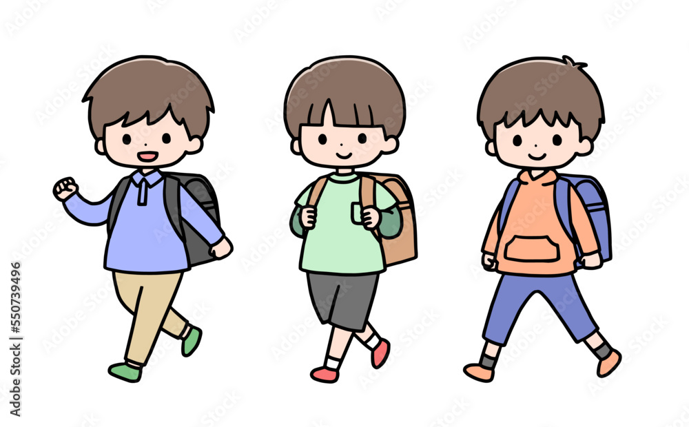 カラフルなランドセルを背負って歩く小学生の男の子3人