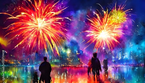 The sky is lit up with vibrant colors as the fireworks explode in synchronization. Cheers and laughter can be heard throughout the crowd that has gathered to watch the show.