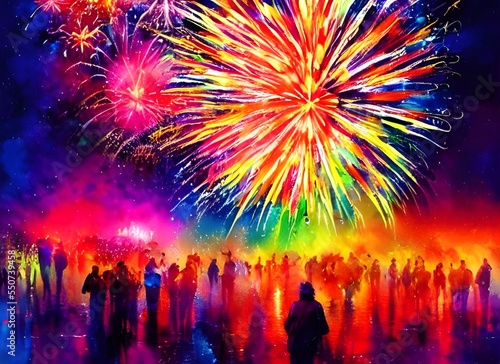 The clock strikes midnight and the fireworks explode into the sky, lighting up the dark night with their vibrant colors. The crowd cheers and claps as they watch the display, ooh-ing and ahh-ing at ea © dreamyart