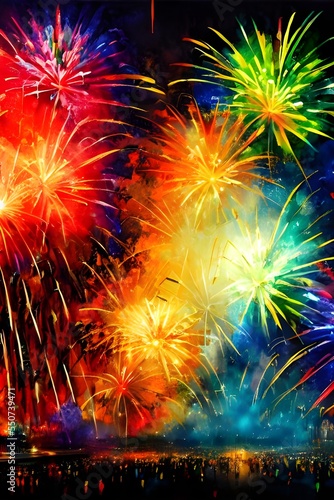It's New Year's Eve, and the sky is lit up with beautiful fireworks. They explode in a dazzling display of colors, lighting up the night sky. The crowd oohs and ahhs at the show, clapping