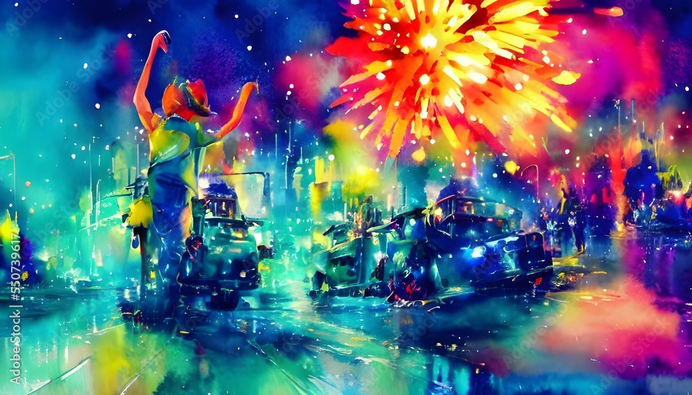 The sky is full of colourful fireworks. They explode in the air and create patterns. The people watching them are clapping and cheering.