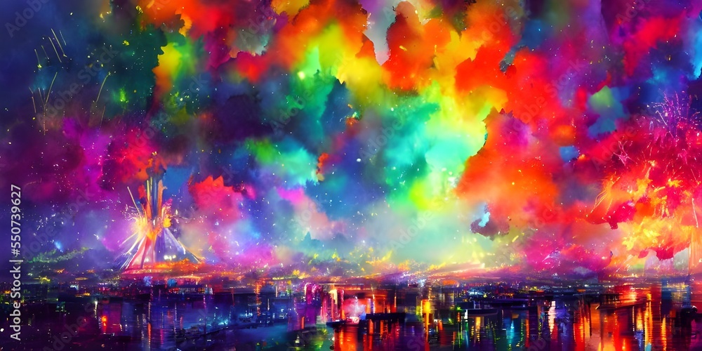 Obraz premium The sky lights up with vibrant colors as the fireworks explode in the air. The crowd oohs and aahs at the impressive display.