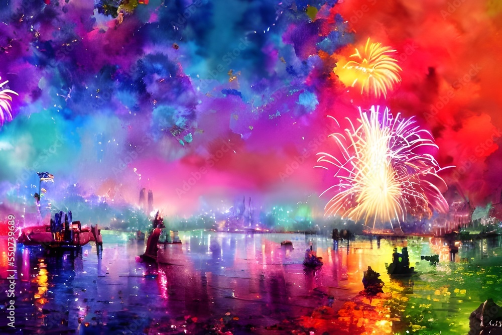 The sky is filled with the colors of explosions, millions of people are cheering and clapping below.