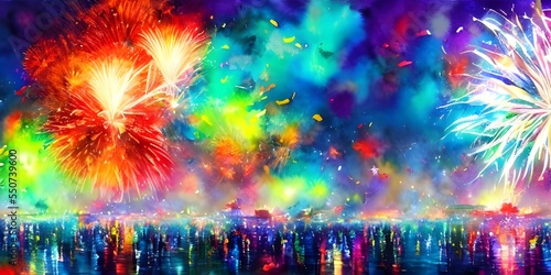 Loud fireworks are going off in every direction and the sky is lit up with brightly colors.
