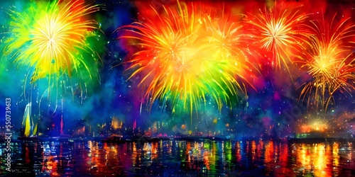 The sky is lit up with vibrant colours as the fireworks explode in a shower of sparkling light. The crowd oohs and aahs at the spectacular display, clapping their hands in delight. It's a beautiful si