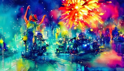 The sky is full of colourful fireworks. They explode in the air and create patterns. The people watching them are clapping and cheering. photo