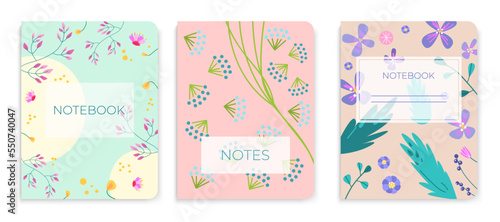 Coverage notebook, textbook and notes page banner set, fashion flower design book cover flat vector illustration, isolated on white.