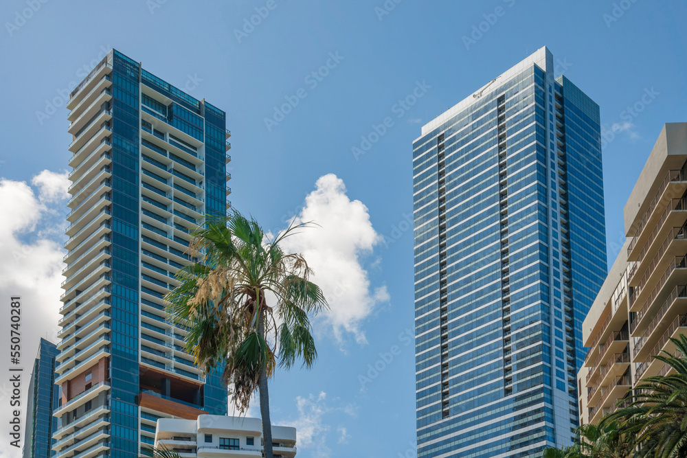 Views of high-rise condos at Miami, Florida under the sky background