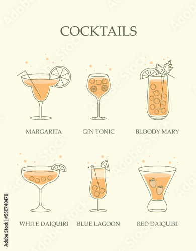 Set of cocktails. Collection of alcoholic drinks for summer season and hot weather. Bar or cafe menu. Tropic and exotic juices. Cartoon flat vector illustrations isolated on yellow background