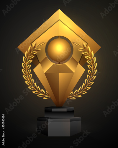Golden award with laurel wreath on black background