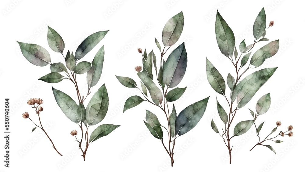Watercolor eucalyptus set. Hand-painted baby, seeded and silver dollar eucalyptus branch isolated on white background, Botanical floral illustration.