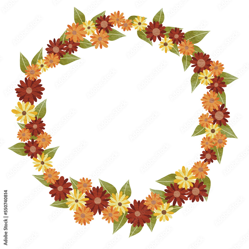 Red, orange and yellow flower wreath banner illustration for decoration on nature, romance and Thanksgiving festival.
