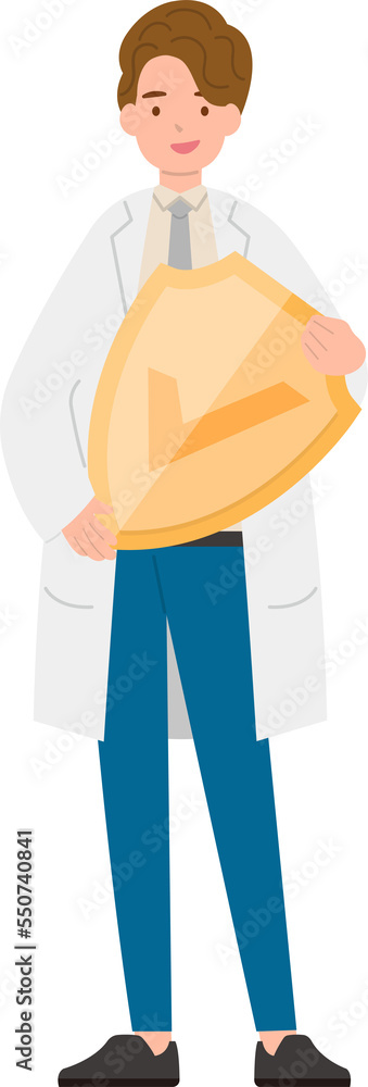Paramedic or doctor or nurse man in physician gown with shield Paramedic or doctor or nurse man in physician gown with shield