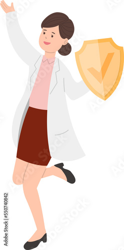 Paramedic or doctor or nurse woman in physician gown jumping with shield