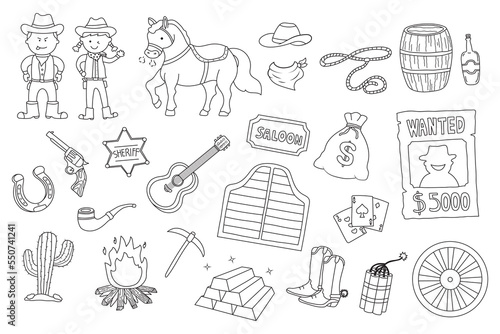Hand drawn Vector illustration set of wild west elements including horse and wanted poster with a cowboy in doodle style