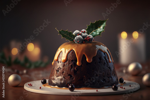 Christmas Pudding on a plate on Xmas table photo