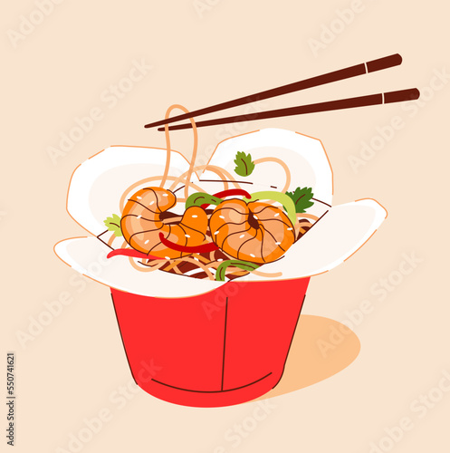 Wok noodles with shrimp. A dish of Asian cuisine. vector illustration.