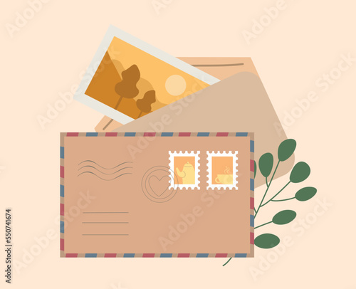 Cute envelopes with letters. Photo and stamp with teapot. Symbol of communication and interaction, distance correspondence. Sticker for social networks and messengers. Cartoon flat vector illustration