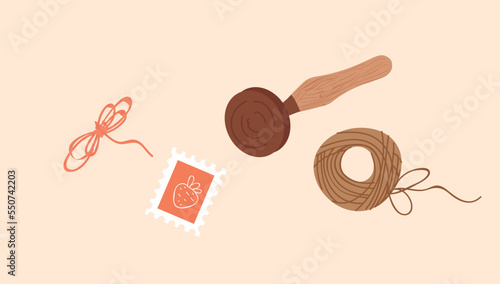 Cute envelope items. Rope and marks, small gifts. International communication and writing decoration. Mail and postal. Sticker for social networks and messengers. Cartoon flat vector illustration