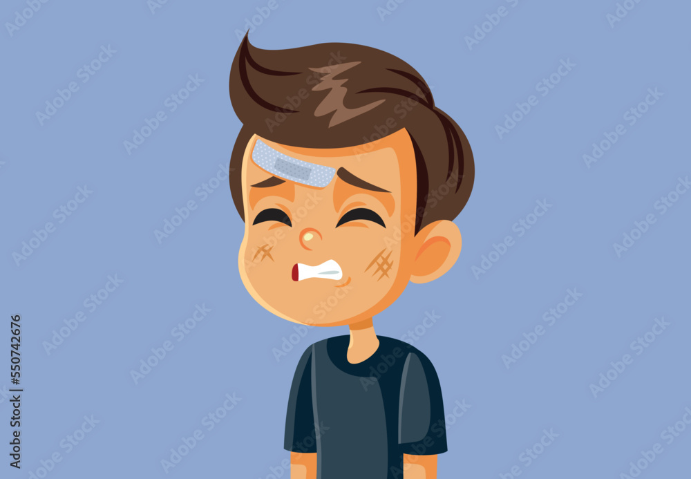 Kid Suffering a Head Injury Wearing a Medical Plaster Vector Illustration. Little boy suffering accidental head concussion 
