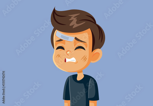 Kid Suffering a Head Injury Wearing a Medical Plaster Vector Illustration. Little boy suffering accidental head concussion 
