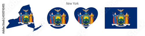 New York flag in different shapes icon set. Flat vector illustration