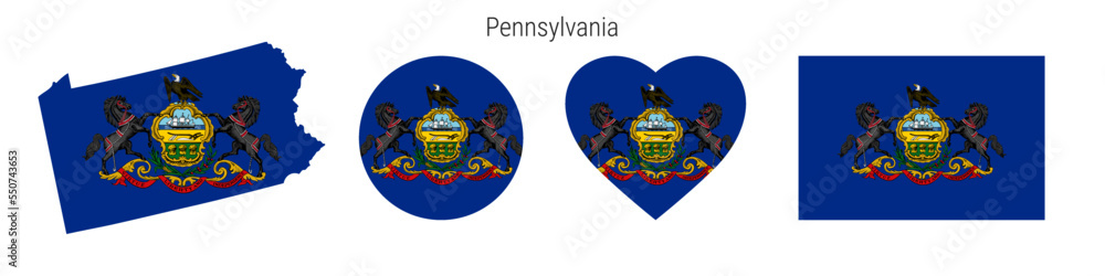 Fototapeta premium Pennsylvania flag in different shapes icon set. Flat vector illustration