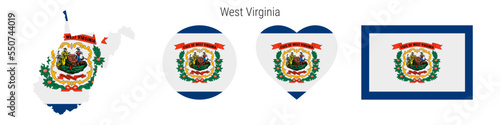 West Virginia flag in different shapes icon set. Flat vector illustration