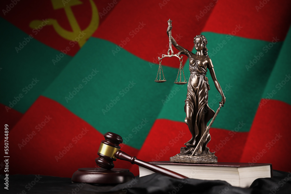 Obraz na płótnie Transnistria flag with statue of lady justice, constitution and judge hammer on black drapery. Concept of judgement and punishment w salonie