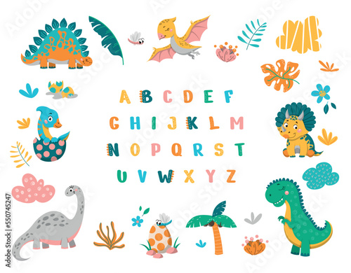 Dinosuars alphabet concept. Educational material for children, education and development of kids skills. Reading lessons, fantasy and imagination, animals BC. Cartoon flat vector illustration
