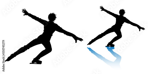 A set of silhouettes of men s singles figure skater  landing  black type 