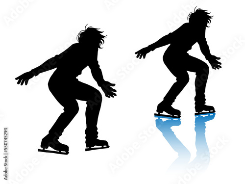 A set of silhouettes of men's singles figure skater (skating, black type)