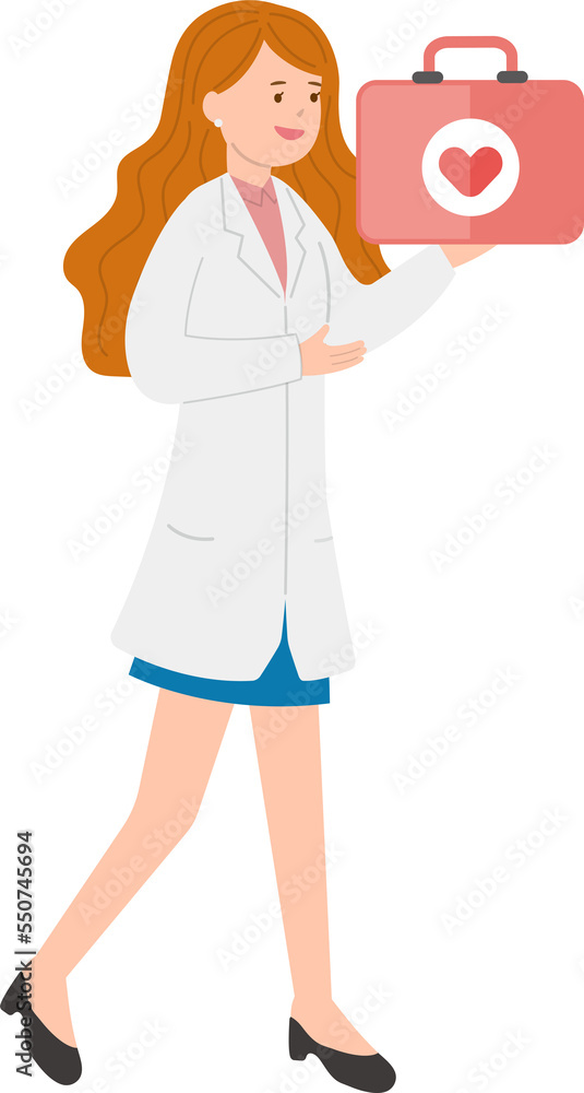 Paramedic or doctor or nurse woman in physician gown with medical box