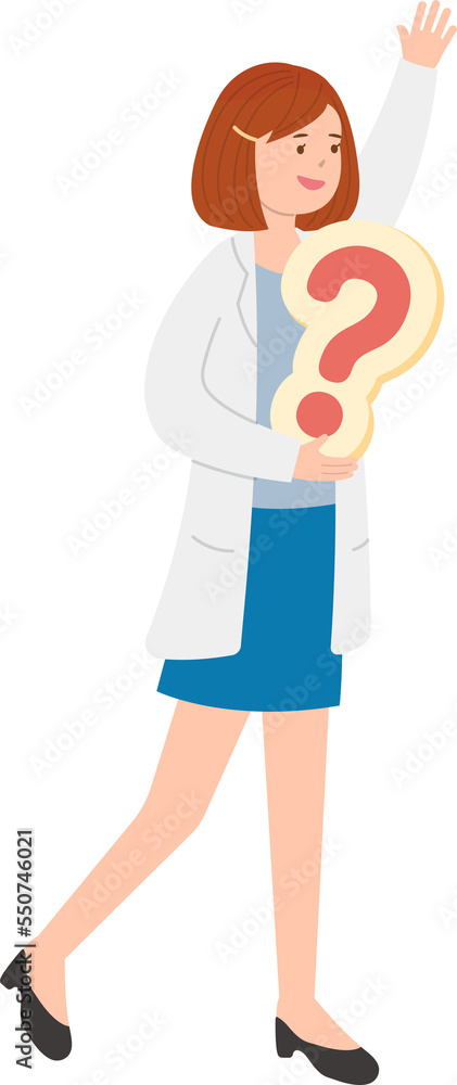 Paramedic or doctor or nurse woman in physician gown raising hand with question mark symbol Paramedic or doctor or nurse woman in physician gown raising hand with question mark symbol