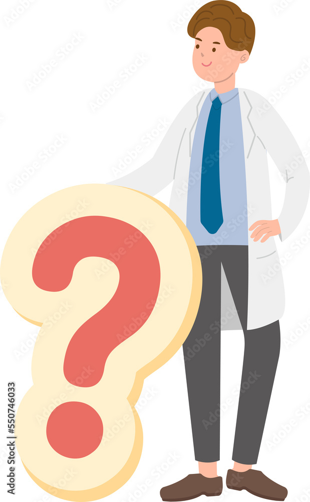 Paramedic or doctor or nurse man in physician gown with question mark symbol