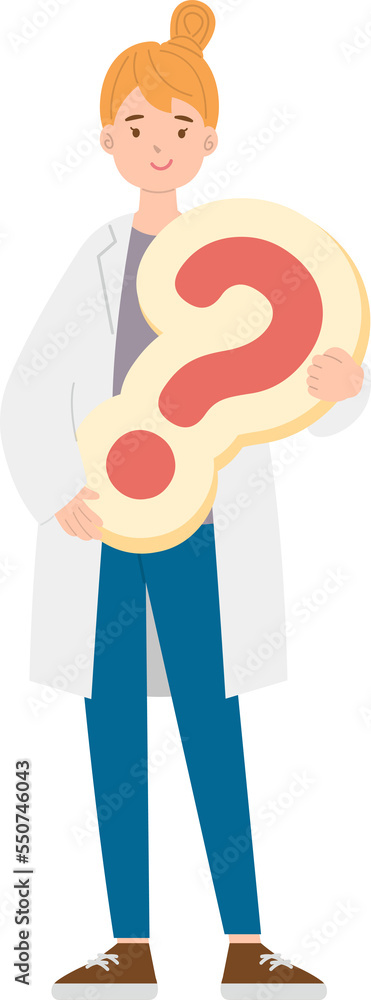 Paramedic or doctor or nurse woman in physician gown with question mark symbol Paramedic or doctor or nurse woman in physician gown with question mark symbol