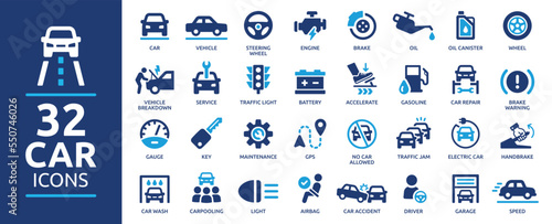Car icon collection. Car service and repair icons element. Containing car wash, vehicle, garage, engine, oil, maintenance, accelerate and brake icons.